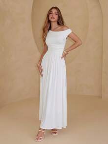 PARTHEA Elegant White Off‑Shoulder Maxi Dress, Ruched Waist High Waist A‑Line Flowy Long Dress For Wedding Party - White - View 6