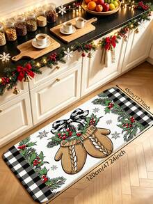 1pc Christmas Vintage Style Holly & Bow Pattern Kitchen Mat, Flannel Soft Touch Absorbent Home Entryway Rug, Easy To Clean Washable Area Runner, Kitchen Runner Rug, Suitable For Kitchen, Bathroom, Entryway, Laundry Room, Hallway, Bedroom, Living Room Decor, All Season, Gift Idea, Christmas Atmosphere Decorative Mat - View 5