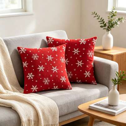 2 Peças Fronha de Almofada de Natal, Bottom Vermelho com Flocos de Neve Brancos e Estampa de Pontos, Fronha Decorativa para Sofá e Quarto de Inverno, Decoração de Feriado, Sem Enchimento