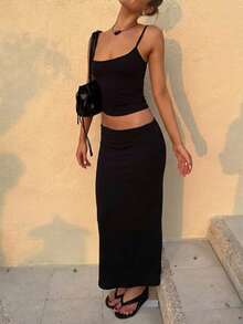GLAMSKIN Women's Fall Black 2 Pieces Outfits,Cami Crop Top & Mermaid Maxi Skirt Set, Slim Fit Ruched Glam Fall Fashion Outfit - Black - View 5