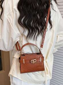 1pc Mini Solid Color Embroidered Pressed Crocodile Texture Square Bag With Turn Lock Flap, Essential Handbag, Shoulder Bag, Crossbody Bag For Shopping And Travel - Multicolor - View 7