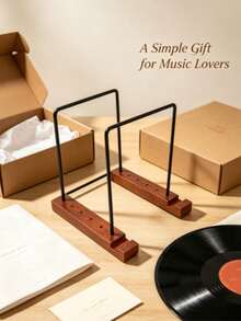 Desktop Vinyl Record Storage Rack, Iron & Wood Combination Album Display Stand With Adjustable Dividers, Small Bookshelf - Brown - View 5