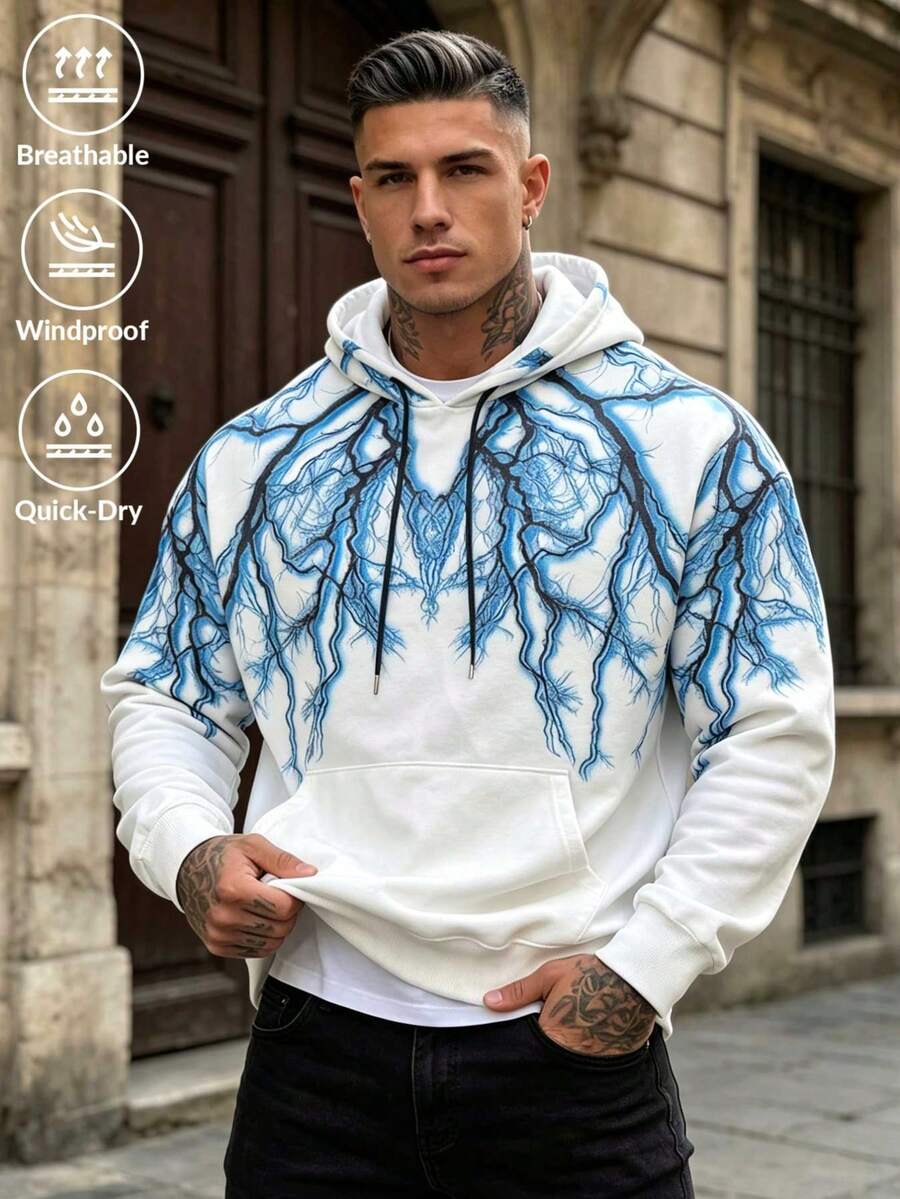 Men's White Pullover Sweatshirt, All Over Blue Lightning Graphic Print Drawstring Kangaroo Pocket Loose Hip Hop Street Sweatshirt, Fashionable Print Pullover Sweatshirt Suitable For Outdoor Sports And Casual Wear - White - View 1