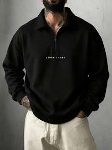 Men's Stand Collar Half-Zip Casual Versatile Minimalist English Letter Print Commute Autumn/Winter Long Sleeve Sweatshirt - Black - View 1