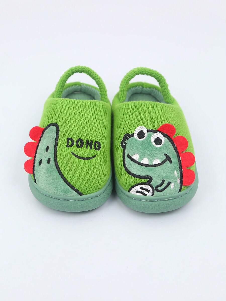 1 Pair New Cartoon Green Dinosaur Kids Slippers, Suitable For Autumn/Winter, Indoor Warm Thick Soft Sole Baby Plush Slippers With Non-Slip Bottom And Elastic Heel Strap - Green - View 1
