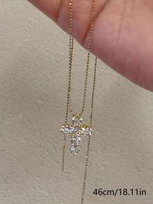 1件女款金色調銅鑲嵌CZ幾何十字吊墜項鍊，日常派對度假穿搭，珠寶禮物 - 金色 - 查看 4