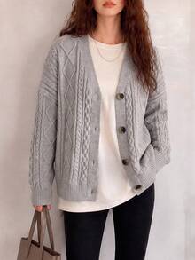 Women's Winter Casual Minimalist Cable Knit Cardigan Sweater Jacket - Light Grey - View 4