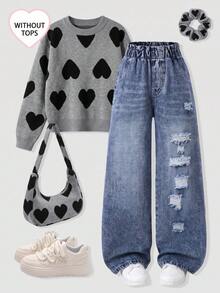 Girls' Casual Street Cool Fashion Distressed White Splatter Denim Wide Leg Pants, Comfortable Everyday Wear For Autumn/Winter - Dark Wash - View 2