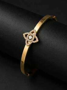 1pc 18K Gold‑Plated Stainless‑Steel Thin Bangle With Hollow‑Out Clover & Rhinestone Decor, Luxury Unisex Bracelet,DailyWearHolidayGift ForMen & Women - Gold - View 4