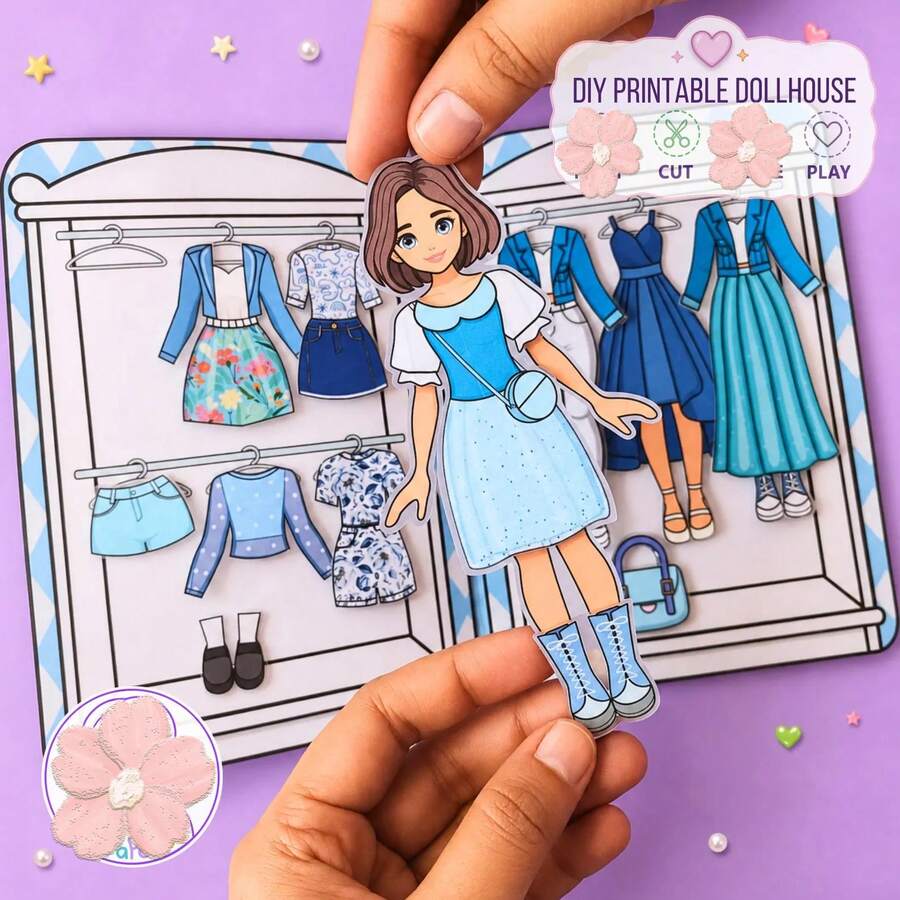 Blue Bathroom Girl Scene Quiet Busy Book DIY Handmade Craft Kit With Cutting, Role-Playing Game, Children's Life Cognition Hands-On Educational Toy, Holiday Gift - Multicolor - View 1
