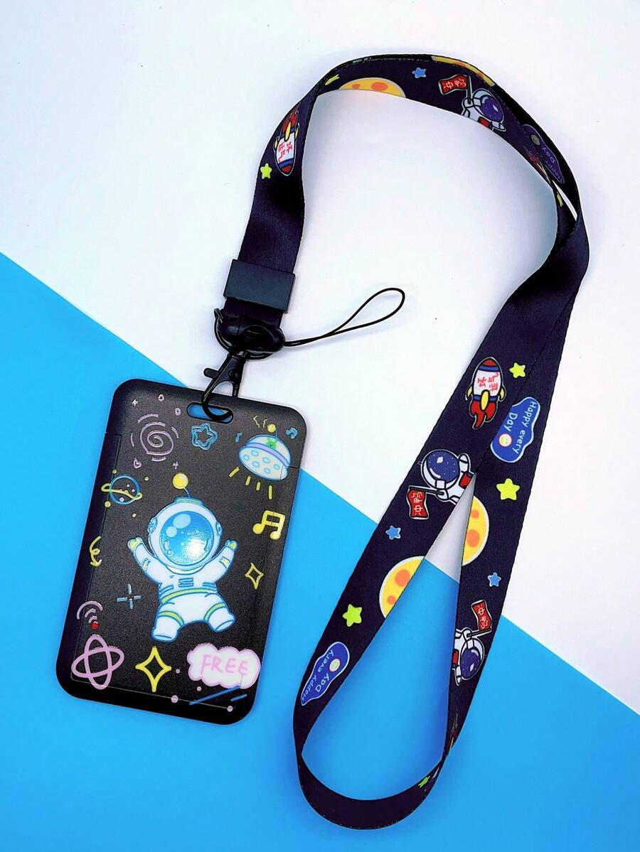 1 Set Black Astronaut Card Holder Lanyard, Cute Spaceman Student Card Holder Halter Detachable Key Holder - Black - View 1