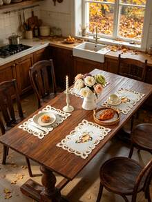 1PC 100% Polyester Fall Table Runner, Pumpkin Maple Leaf Sunflower Embroidered Cutwork Scalloped Edge Cream Linen Table Runner For Autumn Harvest Holiday Dining Table Home Decor - Multicolor - View 4