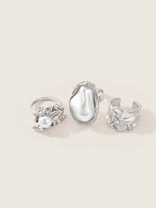 Valisandre 3pcs Vintage Baroque Style Silver Faux Pearl Stacked Thick Women's Ring Set, Suitable For Daily Wear And Holiday Occasions - Silver - View 6