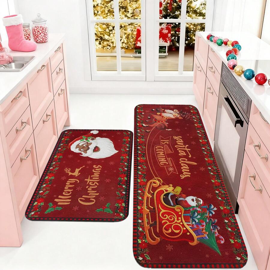 1/2/3pcs Christmas Theme Kitchen Rug, Flannel Kitchen Rug Comfortable Soft Absorbent Non-Slip Machine Washable With Backing Multi-Functional Home Floor Mat Suitable For Doorway Living Room Bedroom Kitchen Dining Room Bathroom Laundry Room Patio Entryway Holiday Christmas Decor Mat - Multicolor - View 1