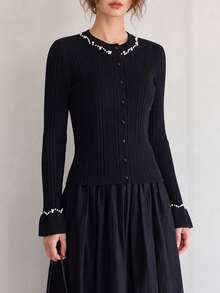 Women's Autumn/Winter Casual Elegant Lady Style Beaded Design Round Neck Cardigan Knit Sweater - Black - View 5