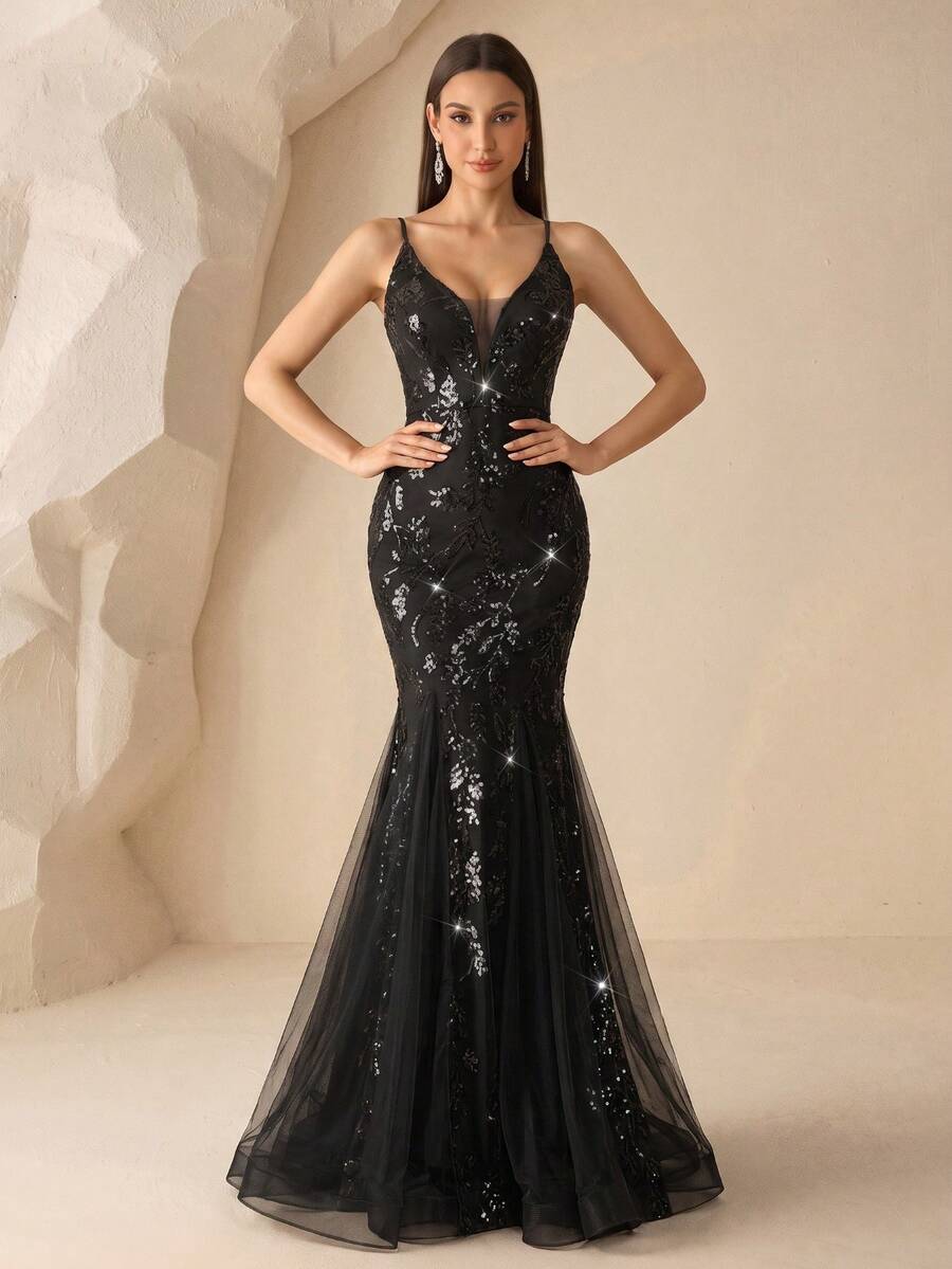 XUCTHHC V-Neck Spaghetti Strap Sequin Contrast Mesh Mermaid Skirt Party Dress, Elegant Evening Gown, Suitable For Wedding Guests, Formal Occasions, Autumn/Winter - Black - View 1