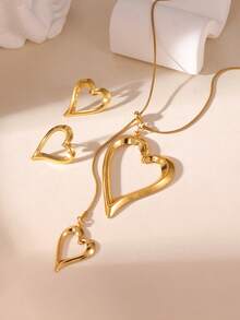 GEREIT 3pcs 18K Gold Plated Stainless Steel Hollow Large Heart Earrings & Necklace Set - Gold - View 5