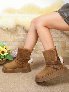 Women Solid‑Color Faux‑Suede Mid‑Calf Platform Boots, Plush‑Trim Cuff, Dual Buckle‑Straps With Metal‑Stud & Heel Furry Bow Decor - Khaki - View 7