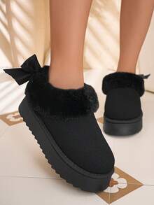 Solid Color Faux Fur Collar Bow Pearl Pendant Decor Faux Suede Platform Ankle Snow Boots Women - Black - View 4