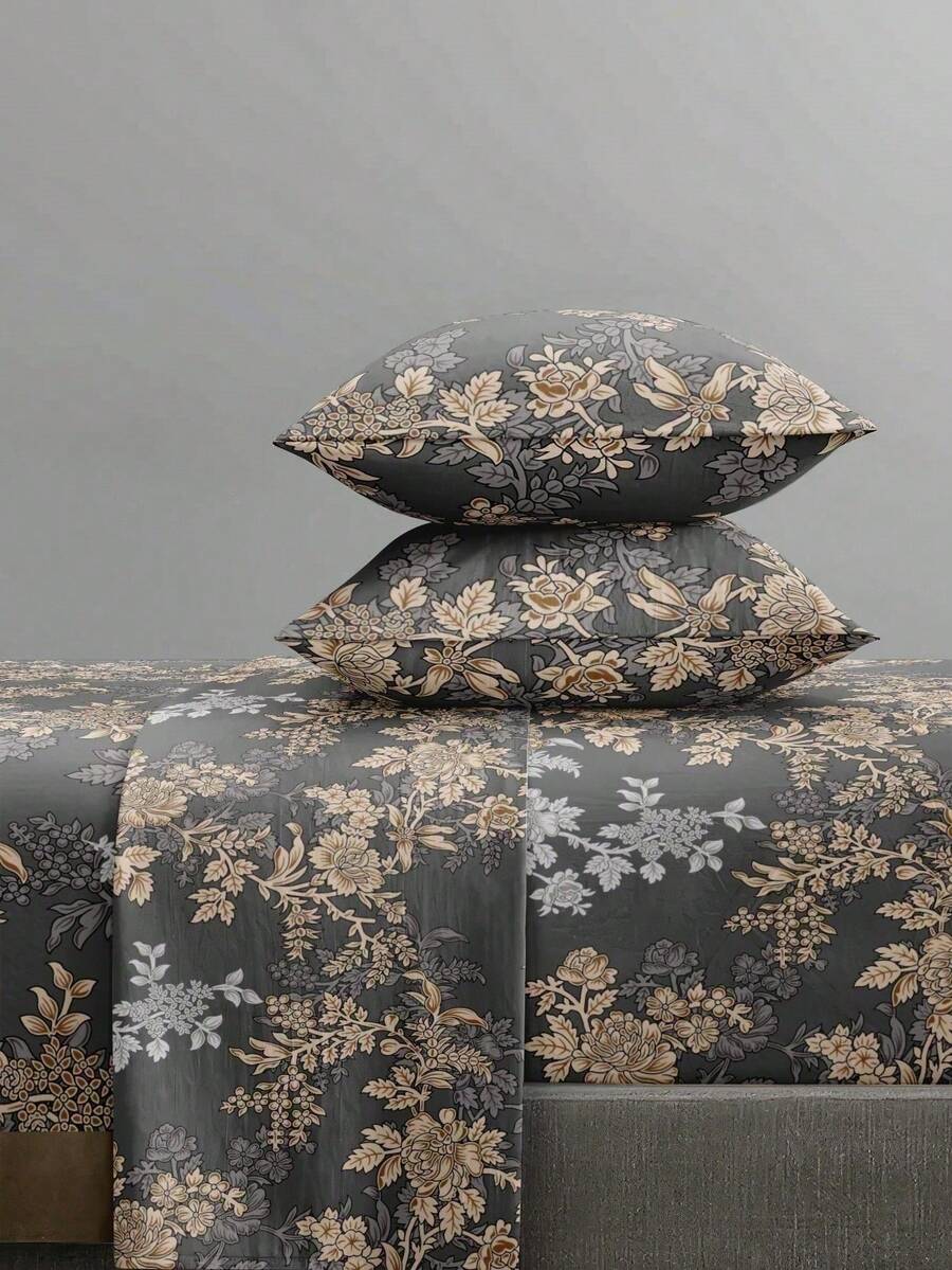 4-Piece Dark Gray Vintage Floral Plant Pattern Bedding Set, Includes 1 Fitted Sheet, 1 Flat Sheet And 2 Pillowcases, Pillow Inserts Not Included. Fitted Sheet Set, Available Sizes: King, Queen, Full, Twin. Deep Pocket Design, Fits Up To 11.8 Inch Mattress. Soft And Breathable, Wrinkle-Resistant - Dark Grey - View 1
