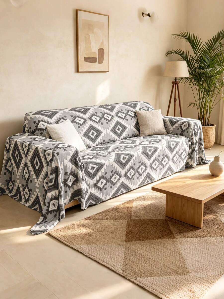 1pc Geometric Pattern Sofa Cover, Bohemian Style Soft Cotton Velvet Rectangular 3D Jacquard Full Coverage Sofa Slipcover, Suitable For Living Room, Homestay, Home Use, All Seasons, Back To School, School Supplies, Dorm Decor, College Decor - Medium Gray - View 1