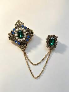 Vintage Royal Green Crystal Chain Double-Head Brooch, Elegant Lapel Brooch Accessory, Suitable For Party And Daily Wear, Women's Jewelry Gift - Ancient Gold - View 7
