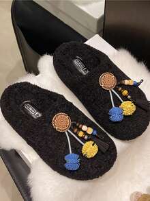 Bohemian Style Wooden Bead Tassel Fur Slippers For Women, Vintage Lamb Wool Warm Half-Slip Thermal Slippers - Black - View 4