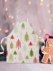 1PC Christmas Tree Pattern Single-Sided Printed Apron, Unisex Home Kitchen Halter Tie Apron, Home Decor Kitchen Cooking Anti-Stain Apron - Multicolor - View 6