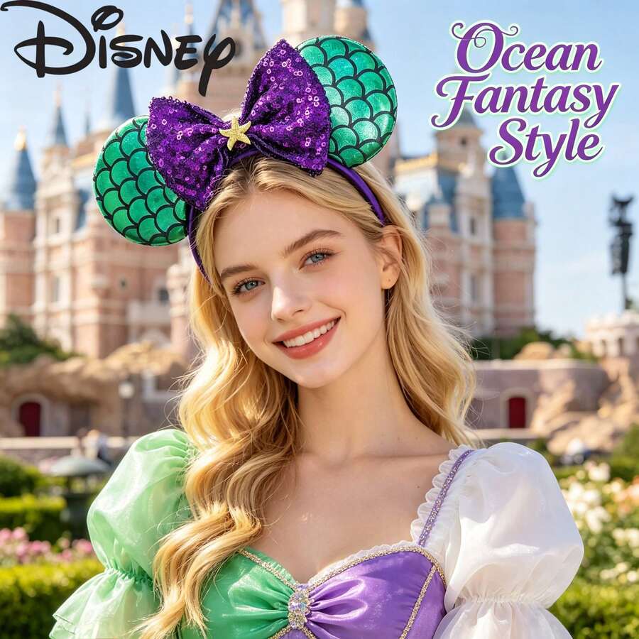 Disney Sequined Mouse Ear Headband, Mermaid Scale Ear Sequin Starfish Bow Hair Hoop For Park Travel, Cosplay, Christmas Party Costume Accessory - Multicolor - View 1