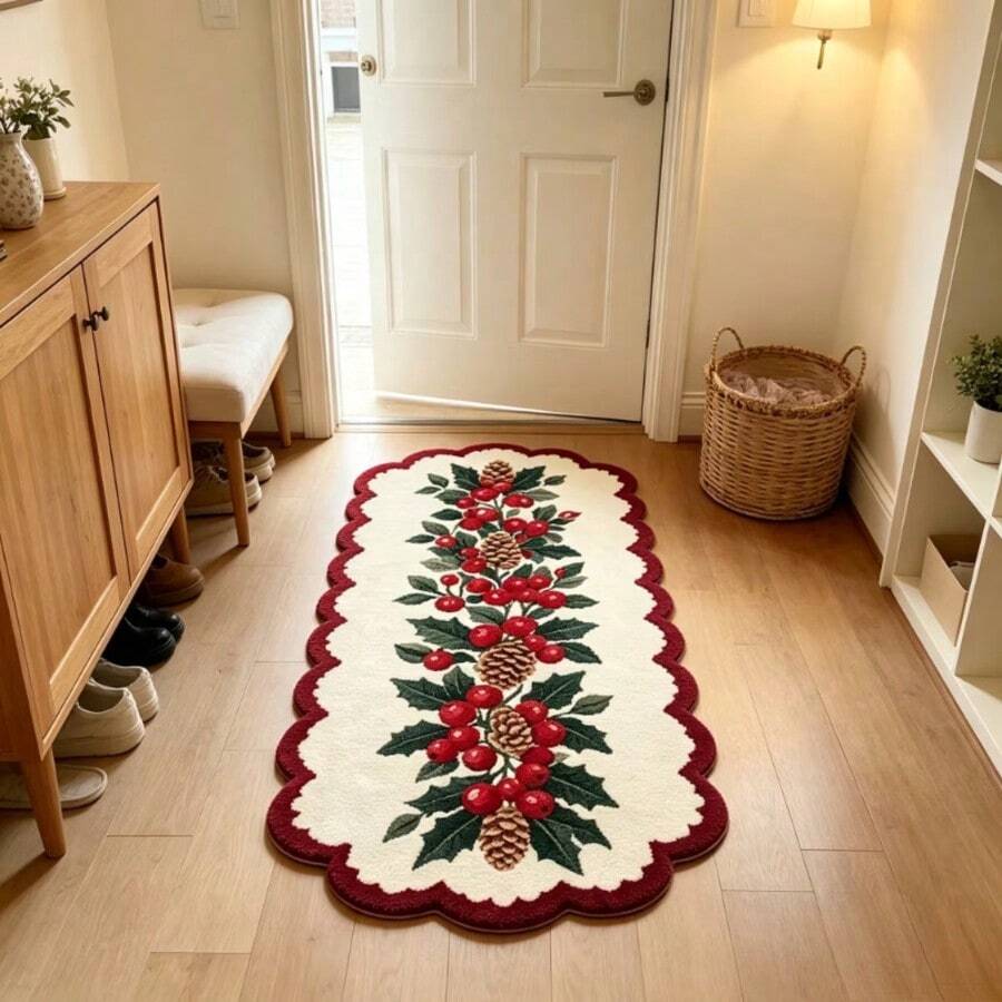 1 pc Karpet Dekoratif Natal Motif Berry Holly dan Pinus, Bahan Bulu Lembut Ramah Kulit, Bagian Bawah Anti Selip, Tepian Bergelombang, Karpet Panjang Mudah Dibersihkan, Cocok untuk Kamar Tidur Samping Tempat Tidur, Lorong, Pintu Masuk, Sempurna untuk Dekorasi Rumah Liburan Natal - MultiWarna - View 1