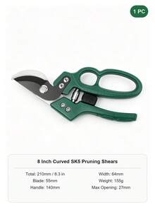 1pc 8 Inch Curved Pruning Shears SK5 Steel Blade Green ABS Handle Heavy Duty Bypass Garden Pruner Spring Loaded Safety Lock Tree Branch Cutter For Hedge Shrub Trimming (Cardboard Packaging Included) - A - View 13