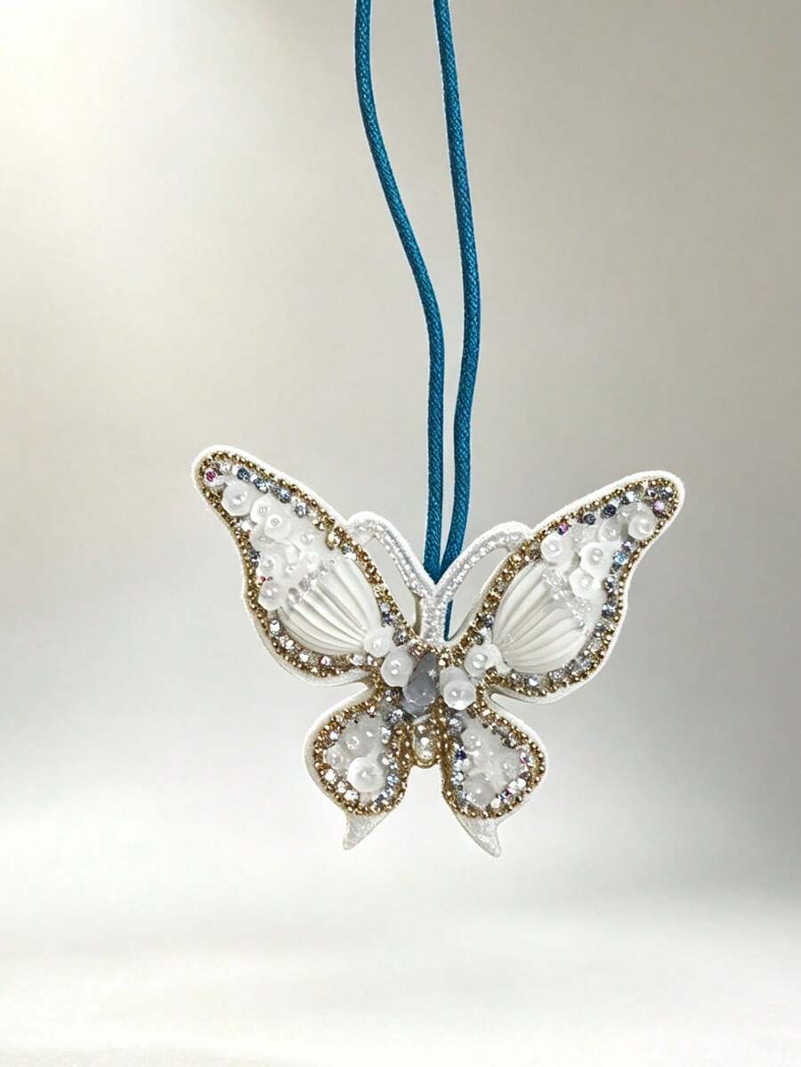 1pc Handmade Beaded Butterfly Bag Charm, Elegant Minimalist Accessory - White - View 1