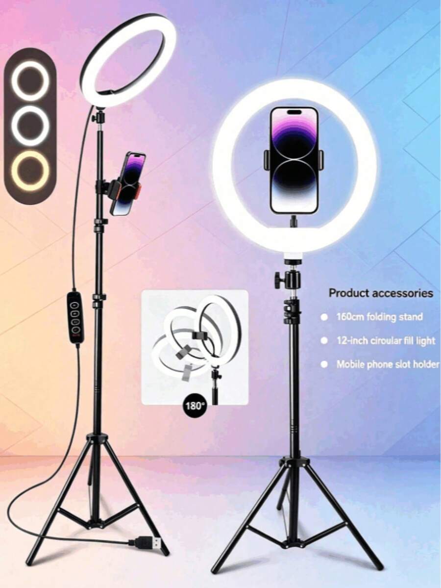12 Inch Ring Light With 63 Inch Tripod And Phone Holder - Dimmable LED Selfie Light, Suitable For Makeup, Zoom, Live Streaming And Photography - Cyber Monday And Christmas Gift, Adjustable Brightness, Stable Base, Content Creation Light - A - View 1