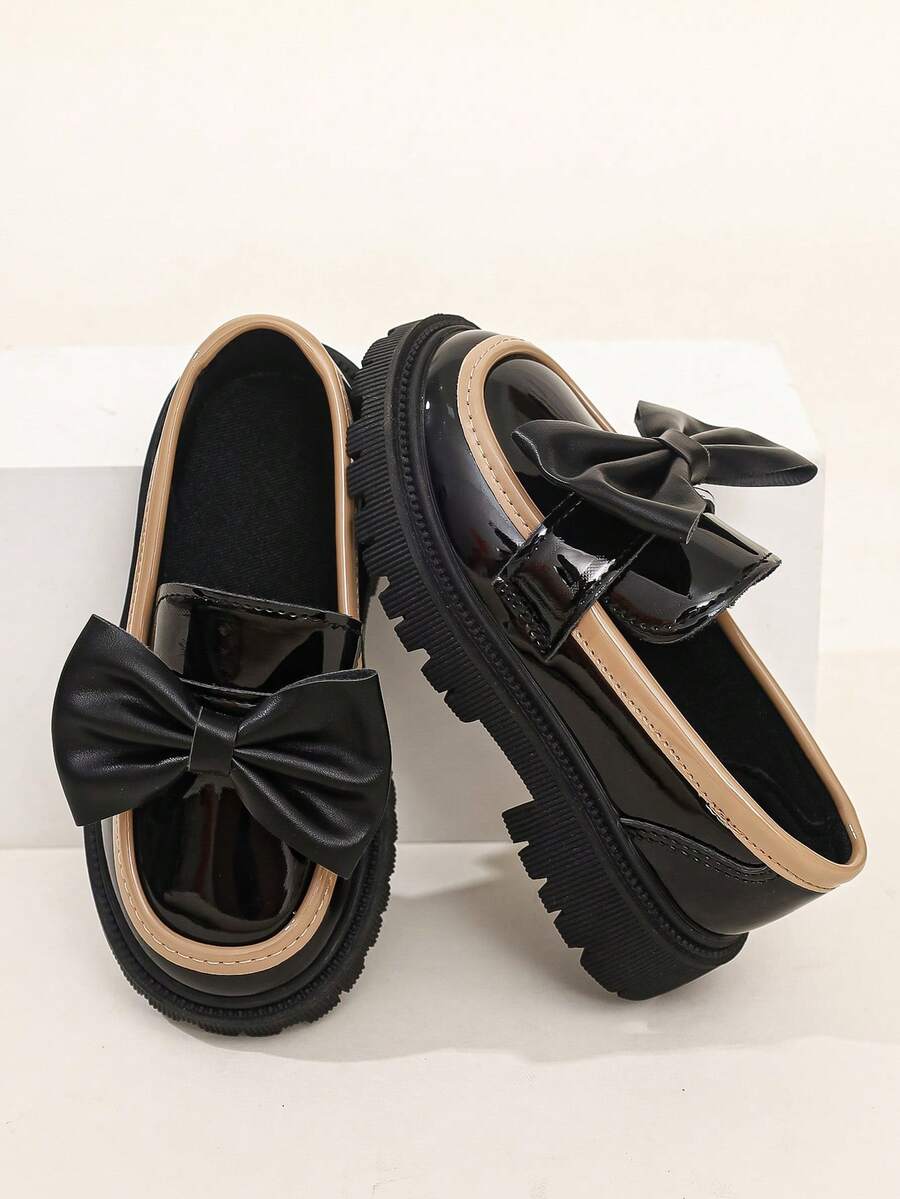 Sepatu Loafer Slip-On Colorblock Gaya Inggris untuk Anak Perempuan, Sol Tebal, Sepatu Gaun Putri Serbaguna untuk Musim Semi dan Gugur - Hitam - View 1