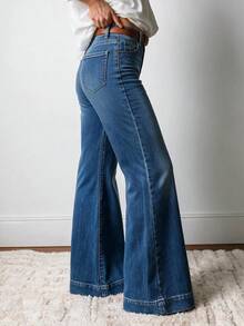 Blue Gradient Distressed Denim Wide Leg High Waist Loose Fit Jeans With Wide Hem - Blue - View 6