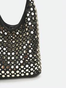 Dedoo Black V-Shaped Double-Sided Studded Bucket Bag, Punk Style Heavy-Duty Rivet Embellished Underarm Shoulder Bag, Suitable For Work Commute And Shopping - Black - View 9