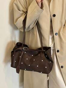 1pc Vintage Rivet Large Capacity Tote Bag, Commuter Oversized Underarm Bag, Fashion Motorcycle Bag, PU Matte Leather, Shoulder Strap, Zipper Closure, Women's Work/School/Travel/Shopping/Business Shoulder Bag, Suitable For Daily Use - Coffee Brown - View 2