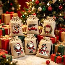 Christmas Decor, Gnome Linen Drawstring Gift Bags, Xmas Candy Treat Goody Pouches, Tree Ornaments, Holiday Party Favor Storage Sacks - Multi-color - View 3