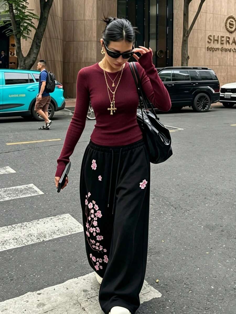 Y2K Black Wide Leg Sweatpants, Cherry Blossom Floral Print, Drawstring Elastic Waist, Loose Stretch Long Pants, Suitable For Daily And Back To School Outfits - Black - View 1