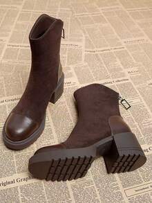 Women's Chunky Heel Thick Sole Chelsea Ankle Boots, Brown Suede Patchwork Thermal Lined, Autumn/Winter Commute Versatile Vintage High Heel Boots - Brown - View 3