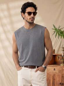 glestore Men's Vintage-Style "Old Money" Look Sandwashed Sleeveless Tank Top: Minimalist And Versatile Sleevelss Tops Men - Dark Grey - View 4
