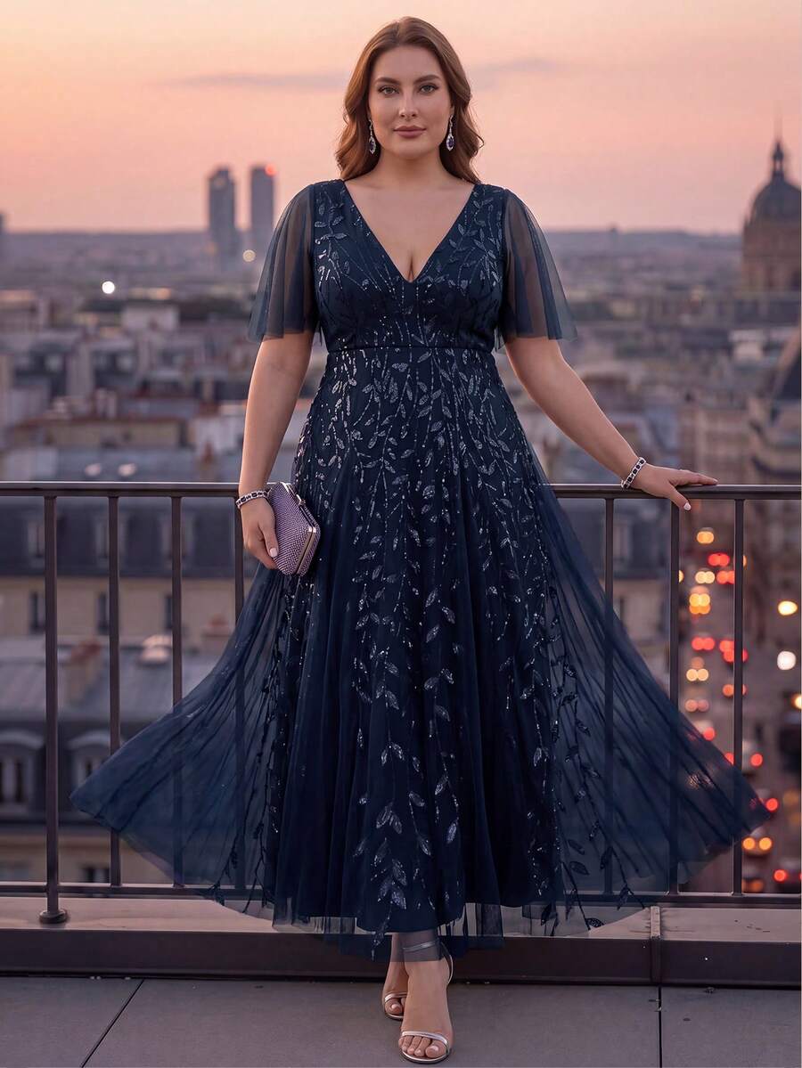 Plus Size Elegant Luxurious Charming Butterfly Sleeve Heavy Embroidery Floral Sequin Contrast Mesh Shiny Formal Evening Gown Autumn Wedding - Navy Blue - View 1