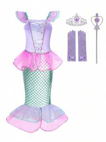 [Not For Swimming]Young Girls Flutter Sleeve Fish Scale Mermaid Skirt, Matching Magic Wand & Gloves Set, Beach Vacation Party, Girls' Evening Dress, Suitable For Outings, Gatherings, Birthday Parties, Stage Performances And Other Large Events - Lilac Purple - View 2