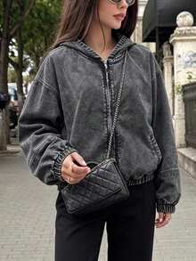 Women's Vintage Washed Denim Jacket With Hood And Pockets - Grey - View 5