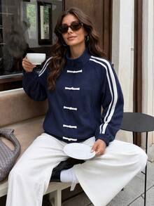 Women's Autumn/Winter New Faux Suede Patchwork Side Stripe Zipper Chinese Frog Button Raglan Sleeve Jacket, Elastic Cuffs And Hem Outerwear - Navy Blue - View 3