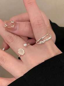 Set 3 buah cincin terbuka pita zirkonia kubik elegan dan modis, cocok untuk wanita yang ingin menghadiri pesta dan acara kumpul-kumpul. - Perak - View 7