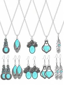 TopHanqi 15 件/套复古风格仿古银首饰套装，镶嵌绿松石，不对称几何设计，简约时尚，适合女性日常佩戴、工作、旅行和摄影 - 彩色 - 查看 1
