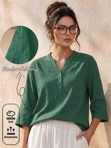 Blusa elegante vintage casual literaria con bordado para mujer, unicolor sin bordado posicionado, top suelto casual de lino estilo boho para verano - Verde Oscuro - Ver 1