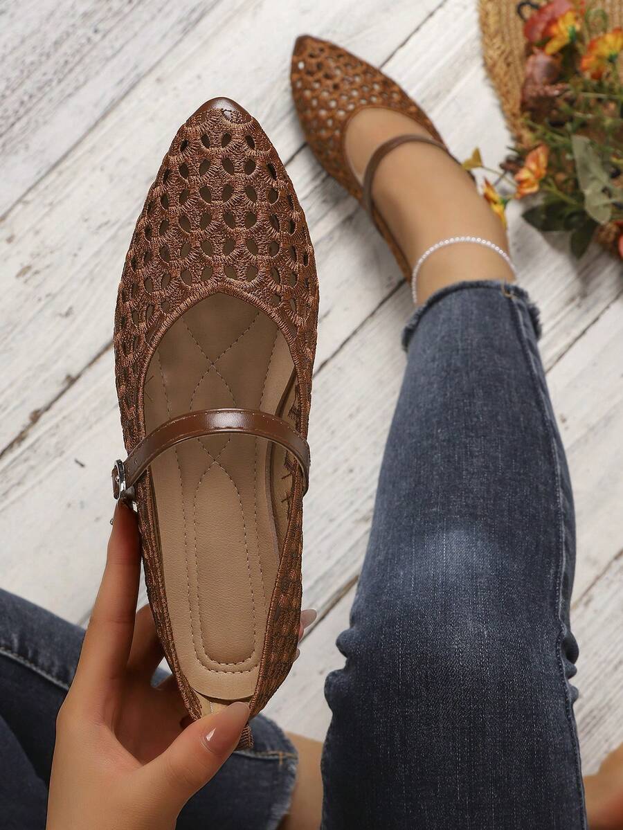 Women's Summer New Lace Mesh Hollow Out Flat Shoes - Brown - View 1