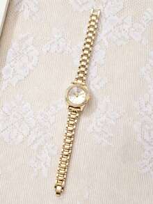 Exquisite Roman Dial Rhinestone Women's Wristwatch, Alloy Band Casual & Office Versatile Quartz Watch, Gift For Girlfriend (1pc/Set) Watch Box Not Included - Gold - View 8